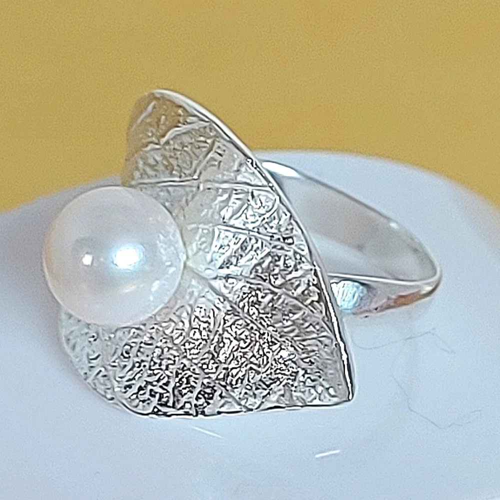 Natural Creamy White Pearl 7mm 925 Sterling Silver Leaf Ring‎ Sz 7 - Picture 5 of 8